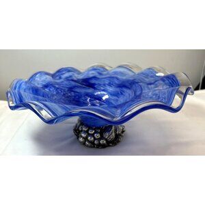 Vintage Murano Blue Venetian Hand Blown Glass Bowl with 3D Fruit Base